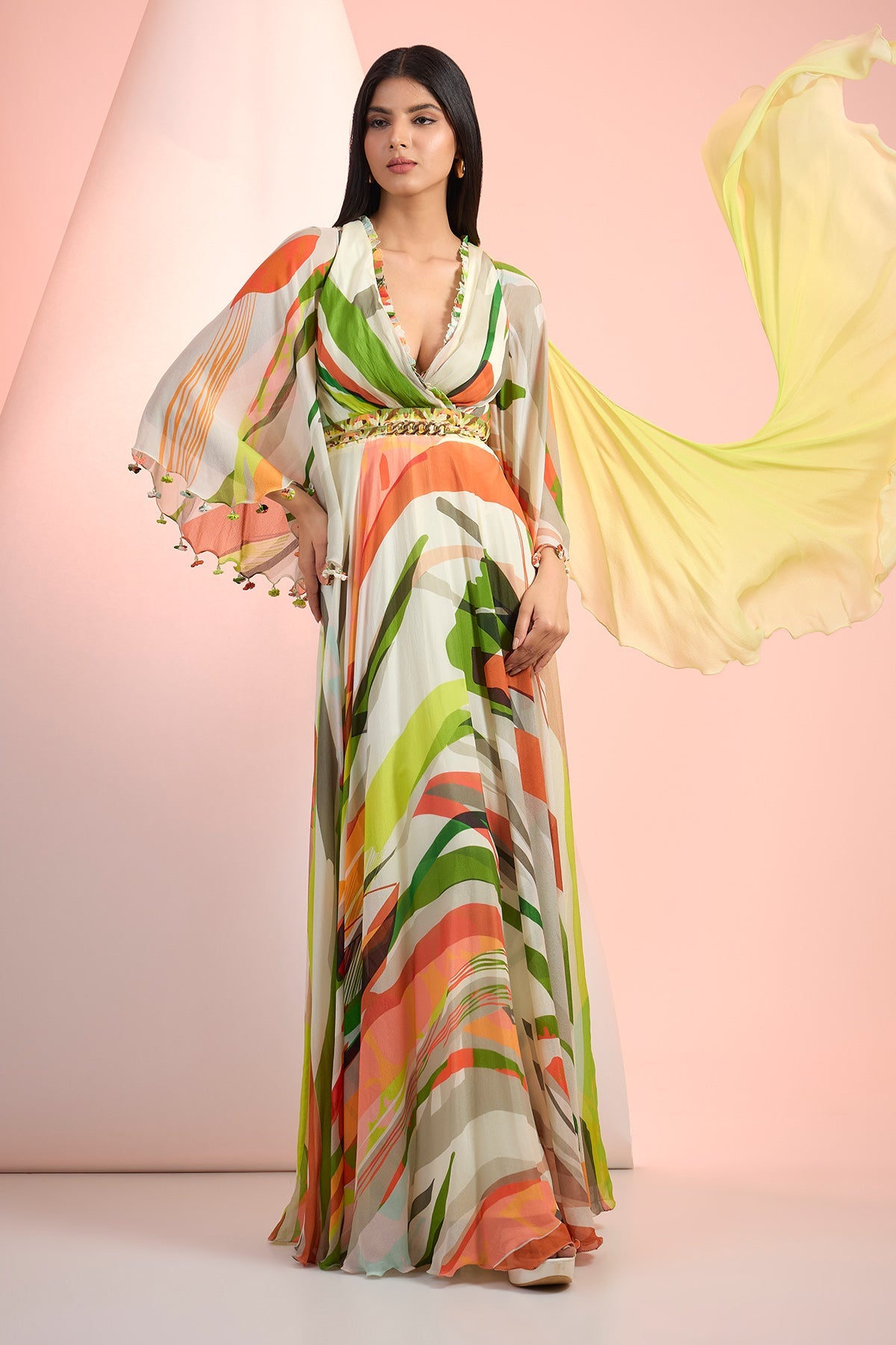 Multicolor V-Neck Chiffon Dress