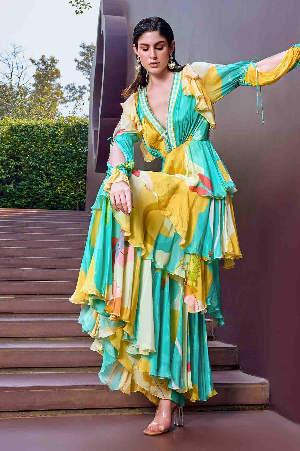 Buy Multicolor V-Neck Layered Dress by Mandira Wirk