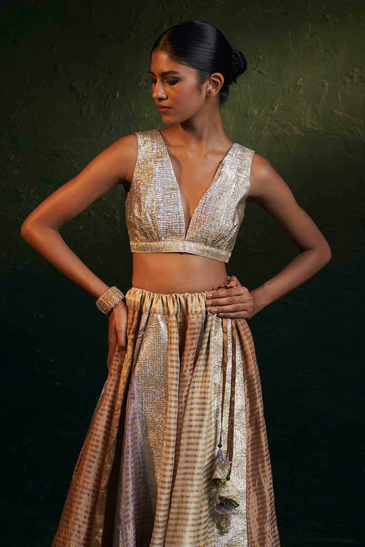 Multicolor V-Neck Lehenga Set