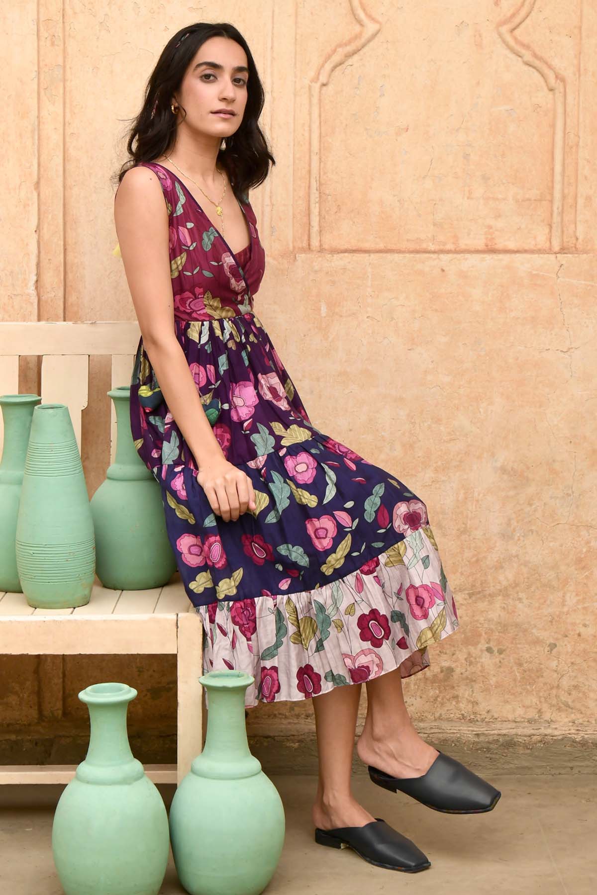 Multicolor V-Neck Tiered Dress