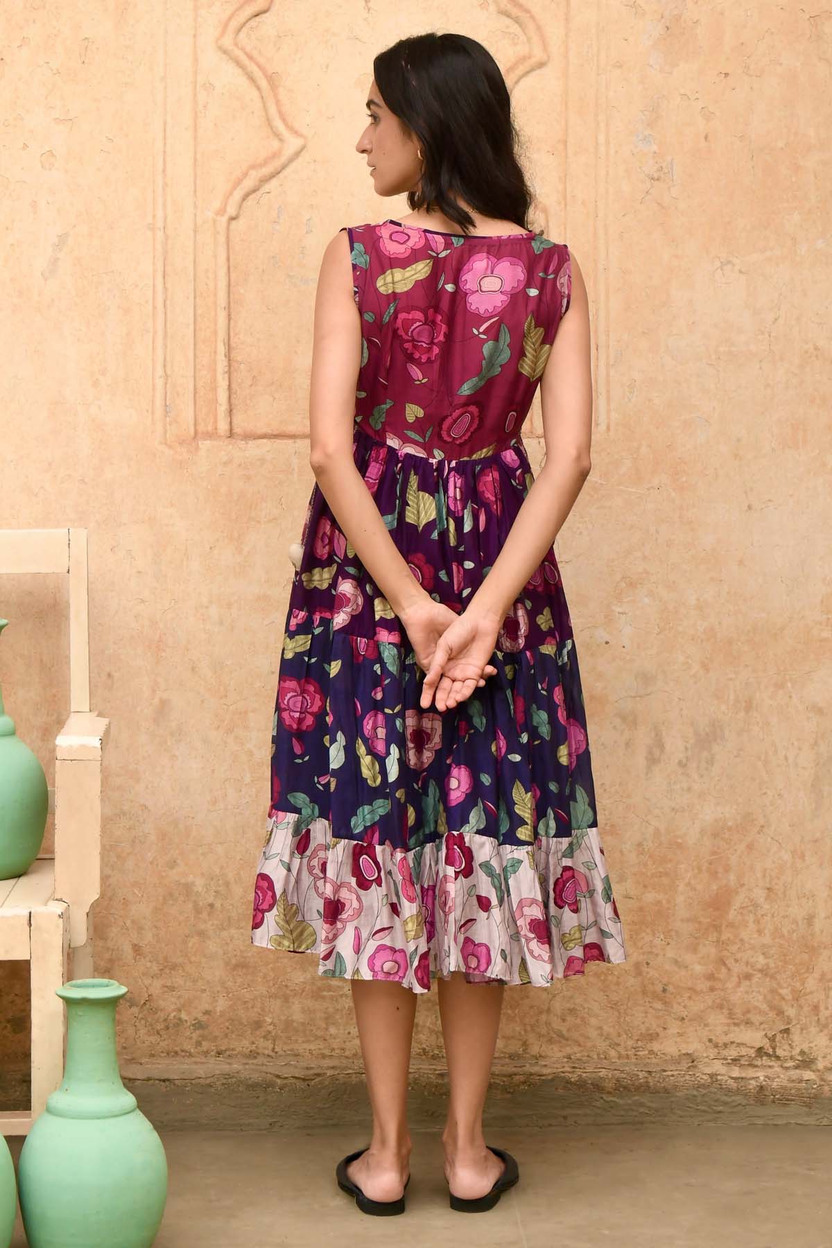 Multicolor V-Neck Tiered Dress