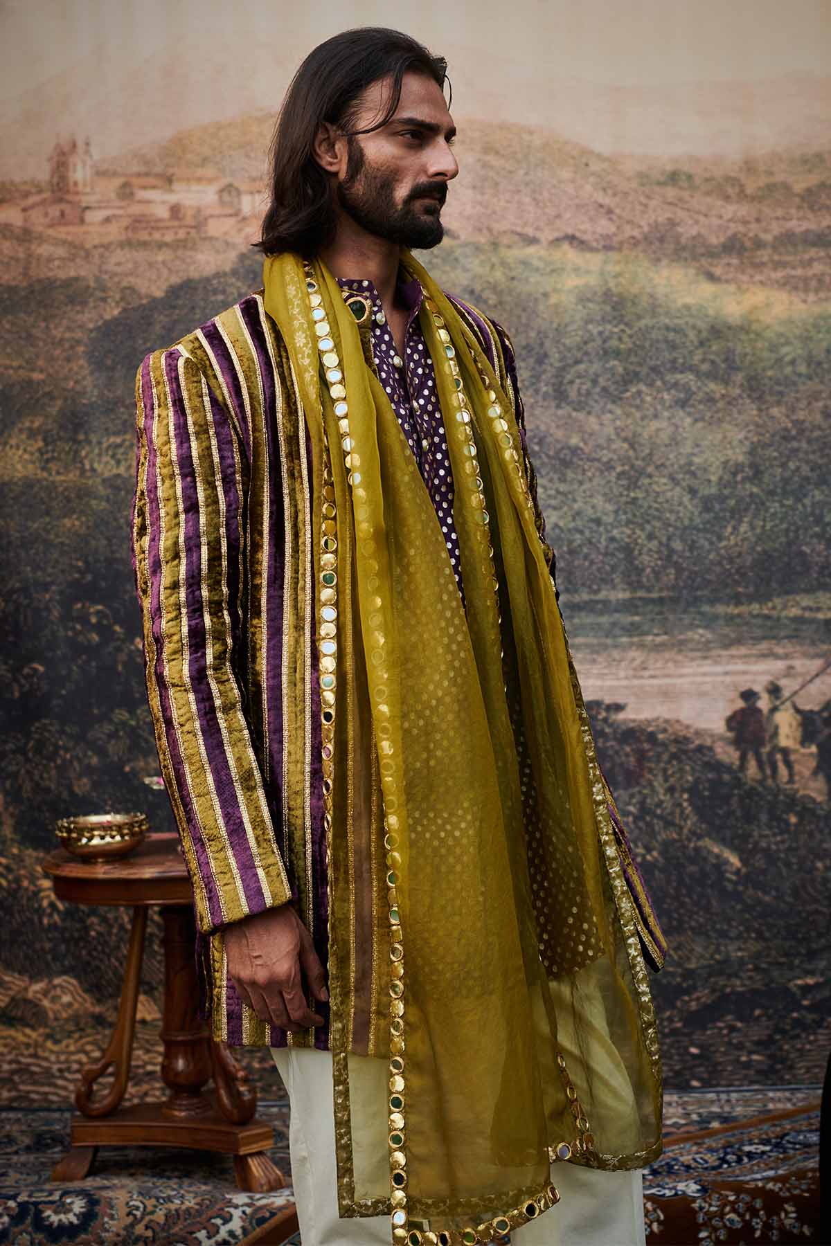 Multicolor Velvet Sherwani Set