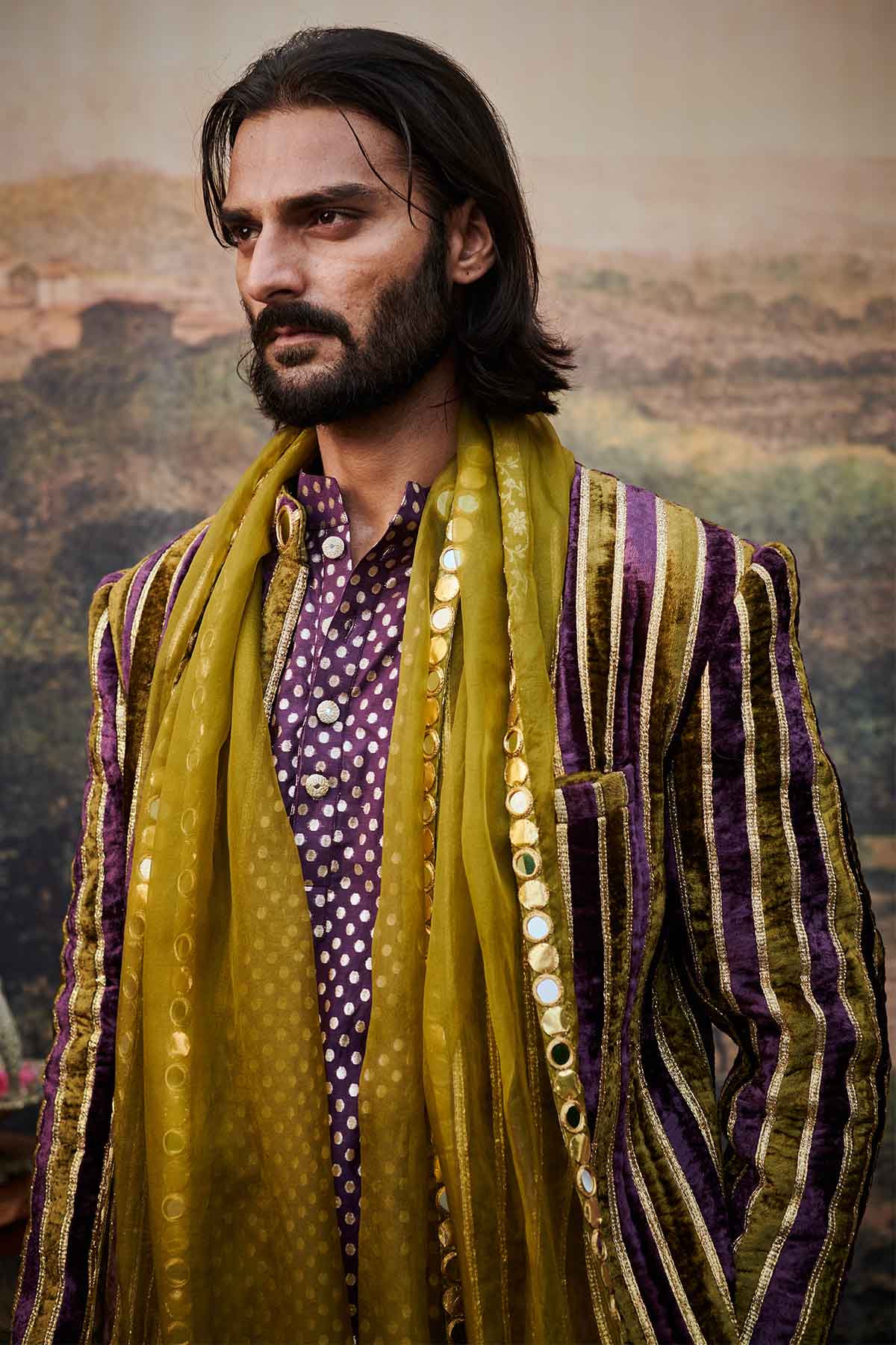 Multicolor Velvet Sherwani Set