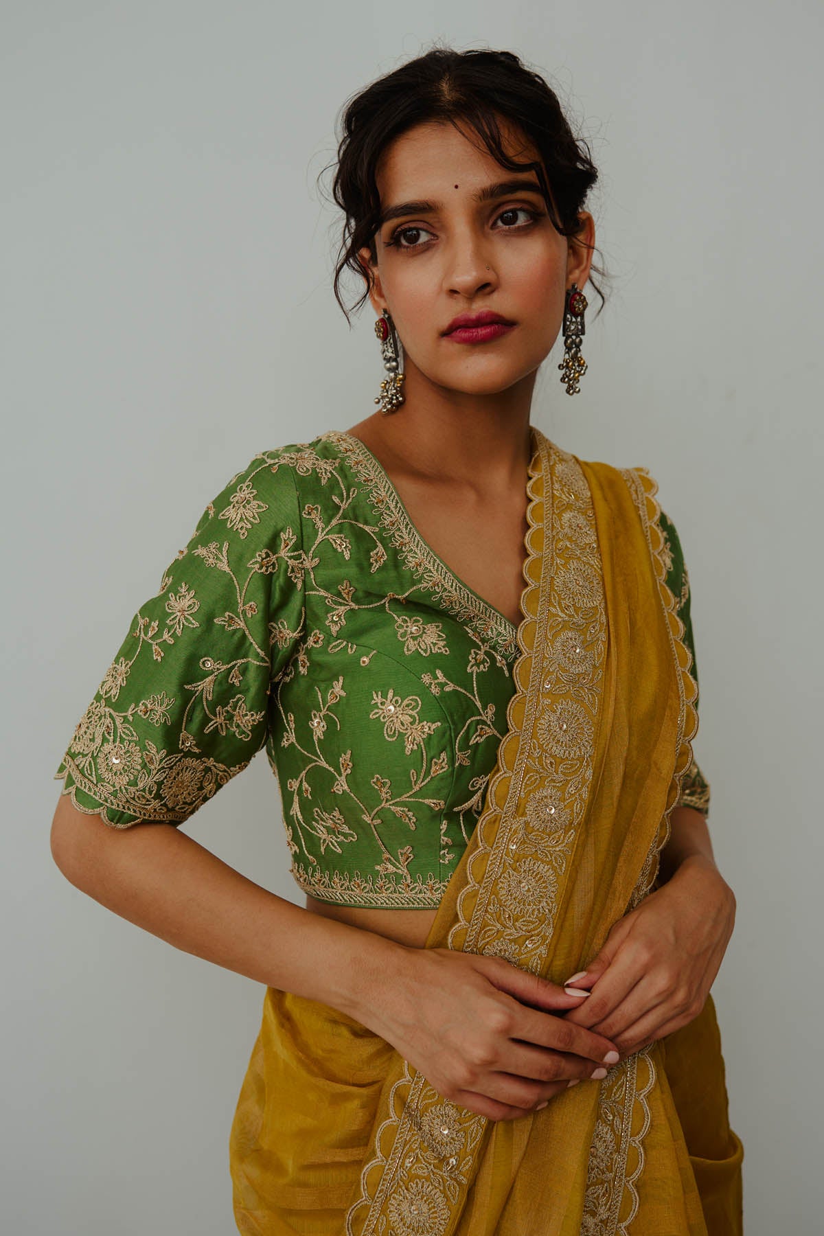 Mustard Dori Embroidered Saree Set