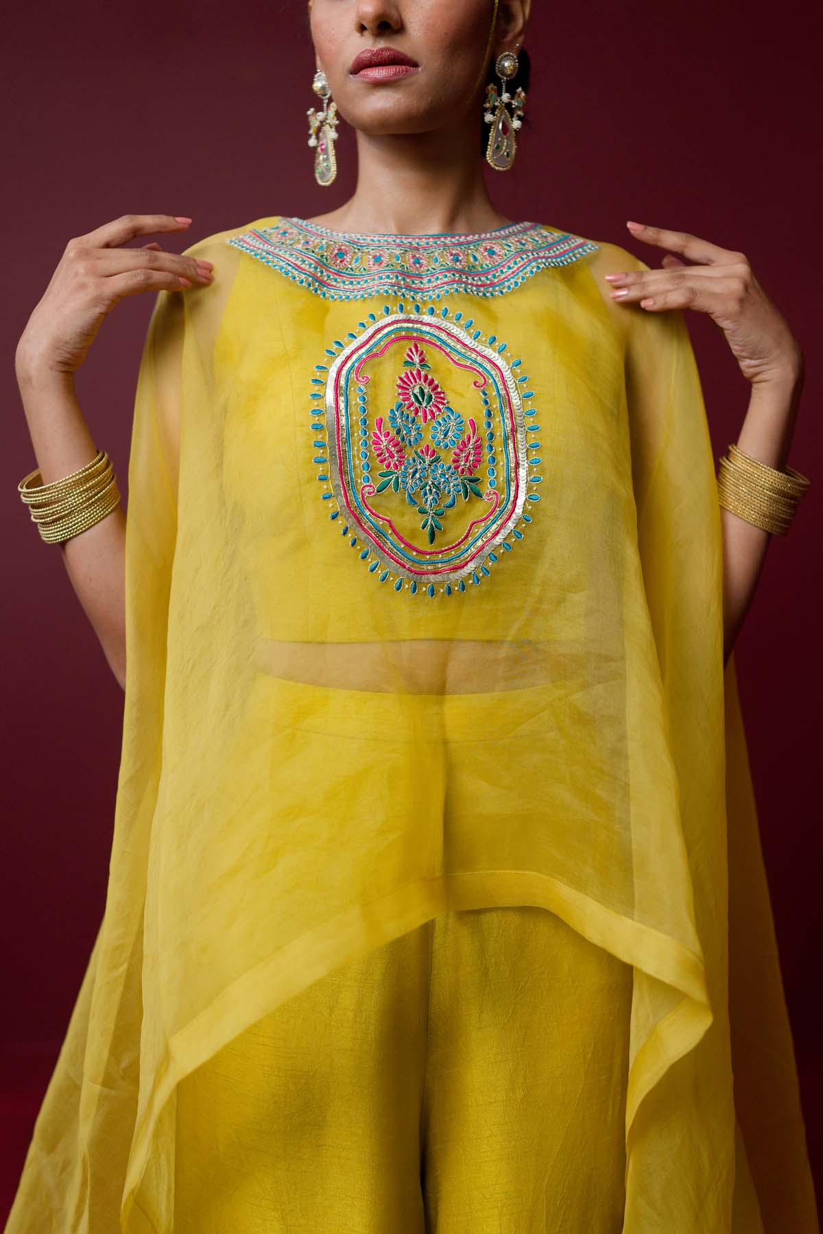 Mustard Embroidered Cape Set