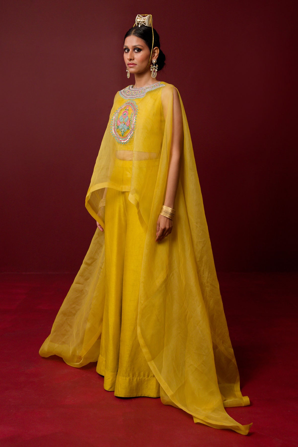 Mustard Embroidered Cape Set