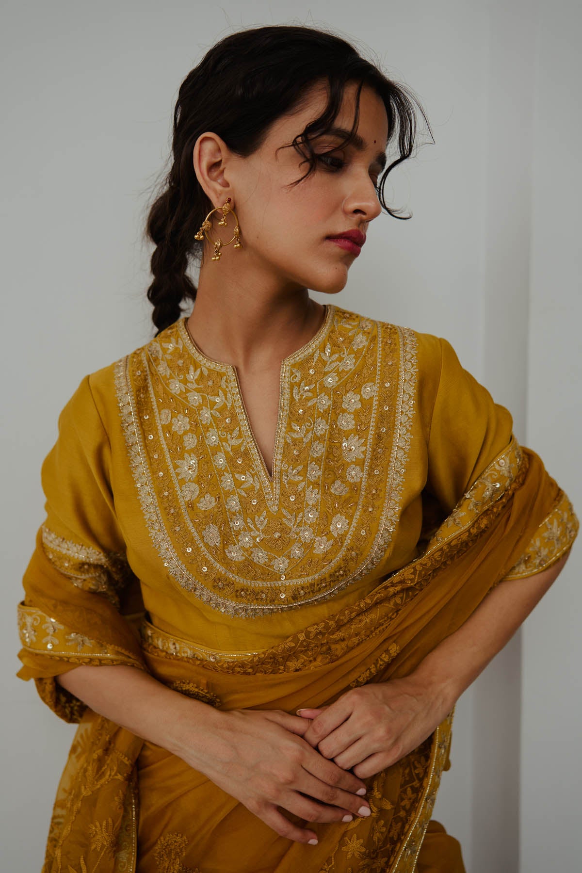 Mustard Embroidered Saree Set