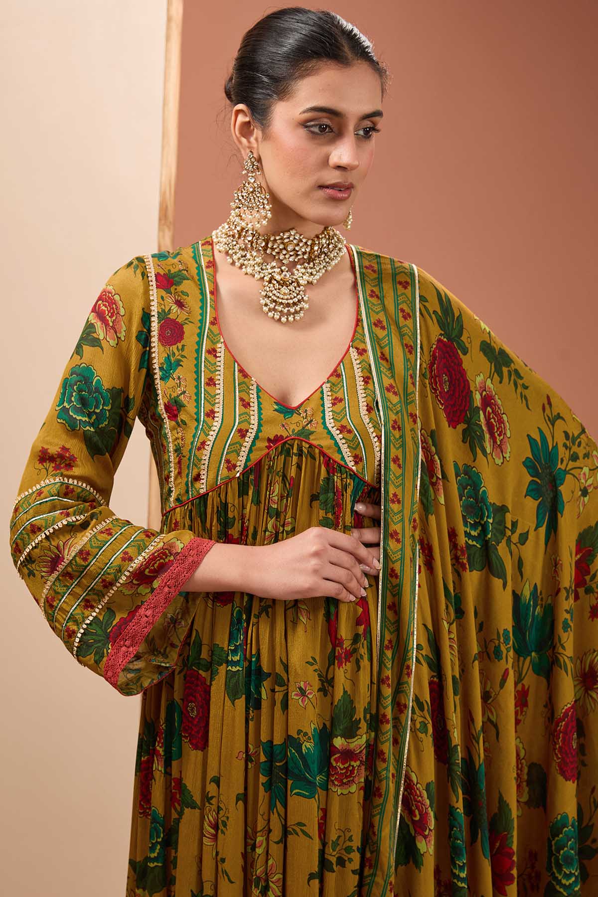 Mustard Floral Anarkali Set