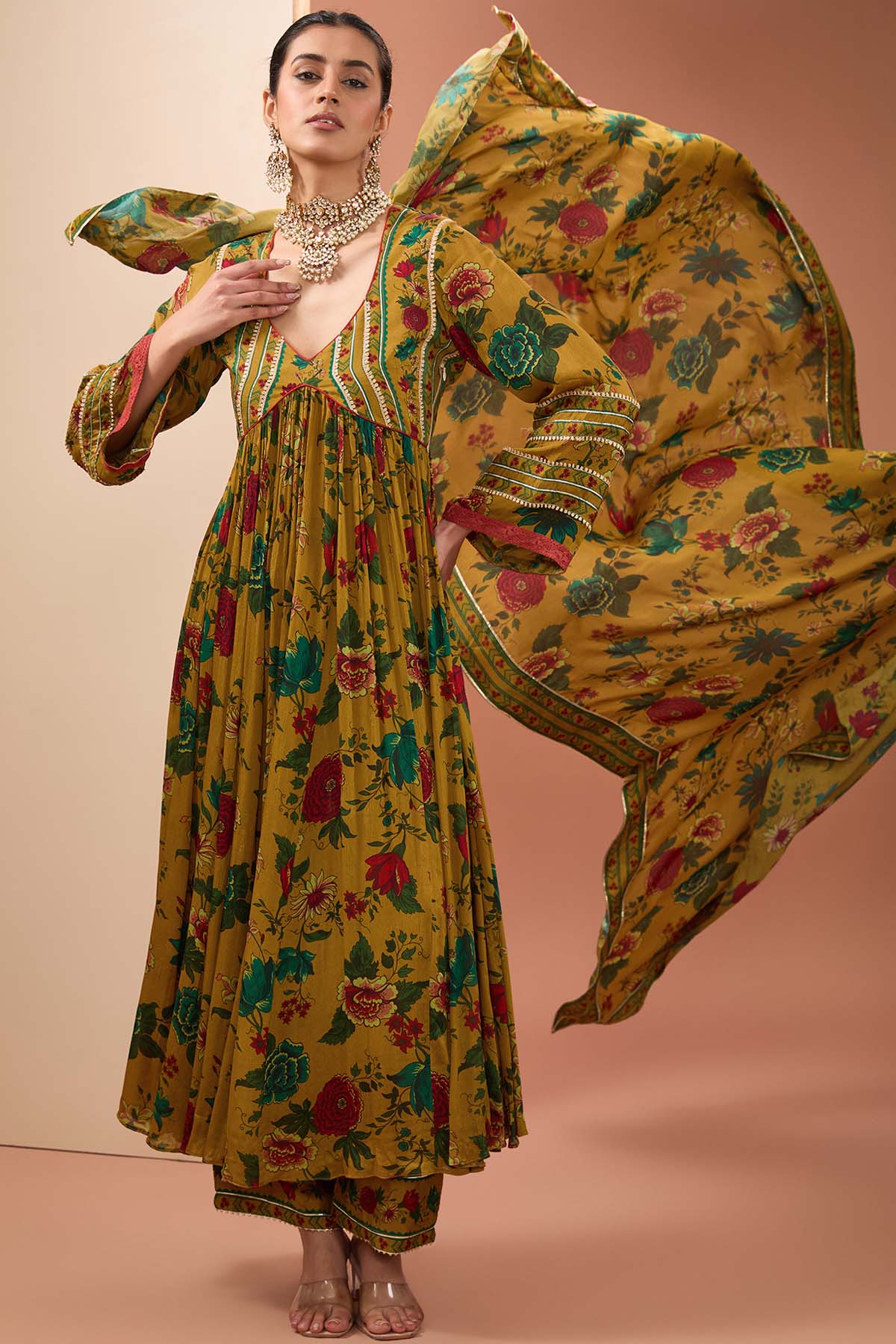 Mustard Floral Anarkali Set
