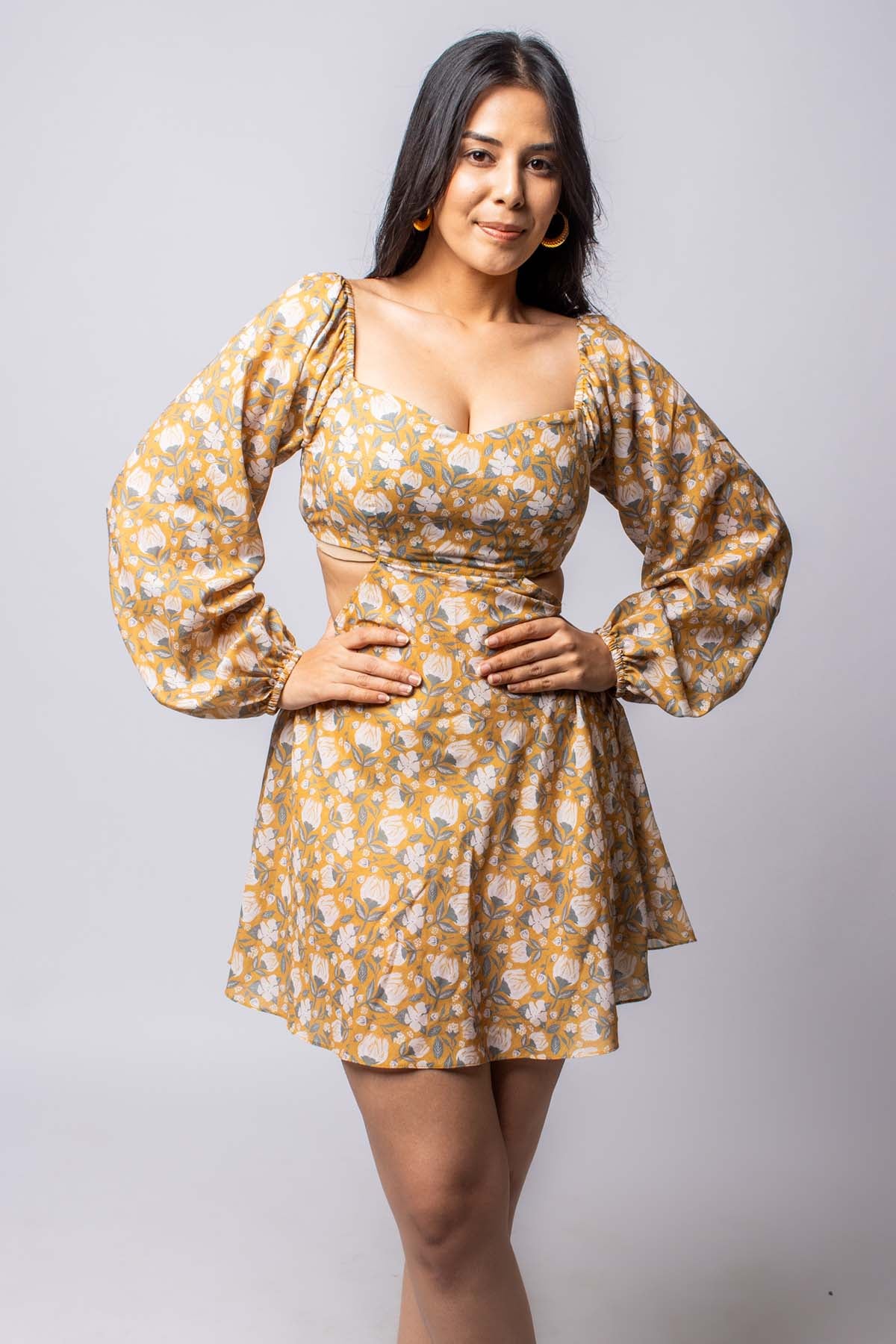 Mustard Floral Print Cotton Dress