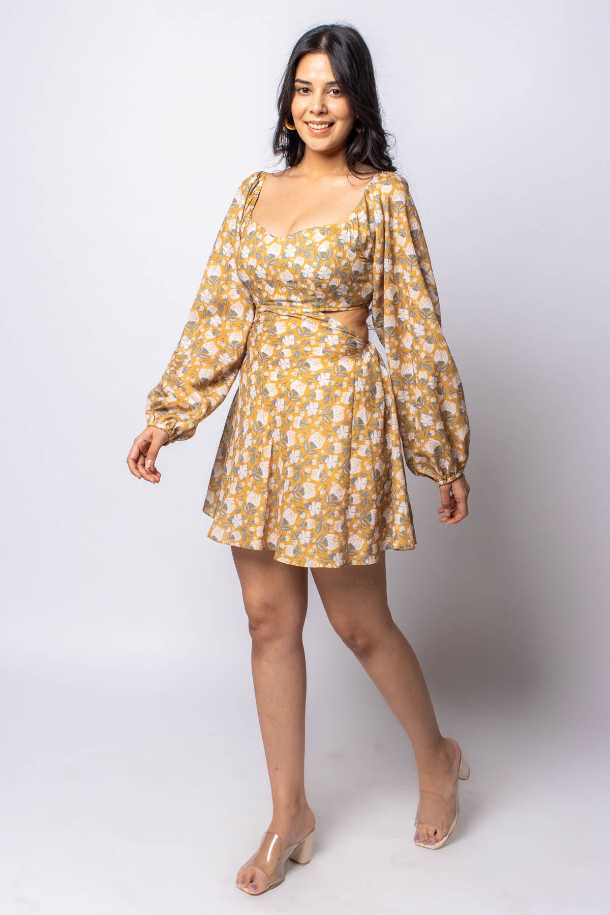 Mustard Floral Print Cotton Dress