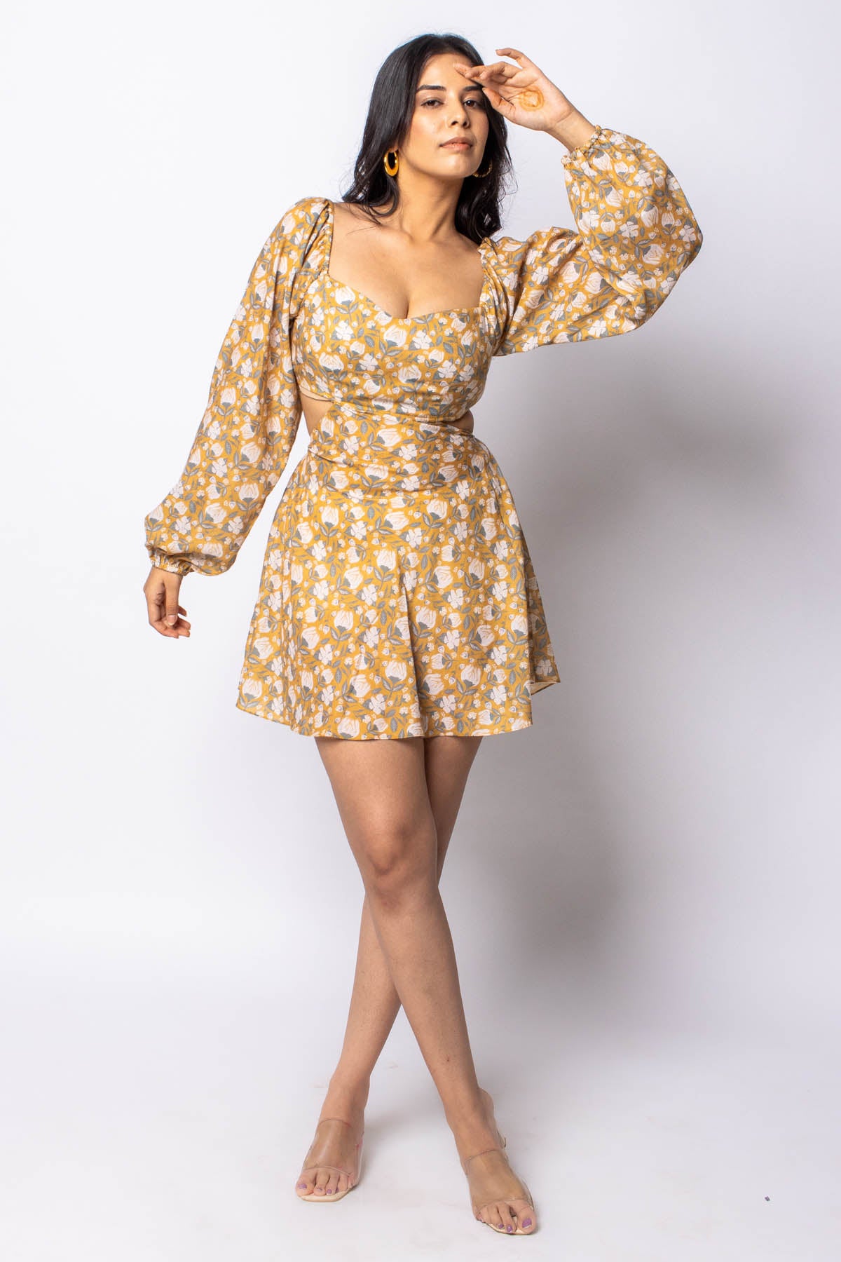 Buy Label J Mustard Floral Print Cotton Dress at ScrollnShops