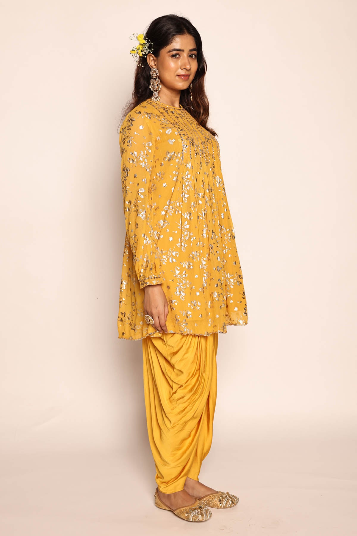 Mustard Foil Print Kurta & Dhoti