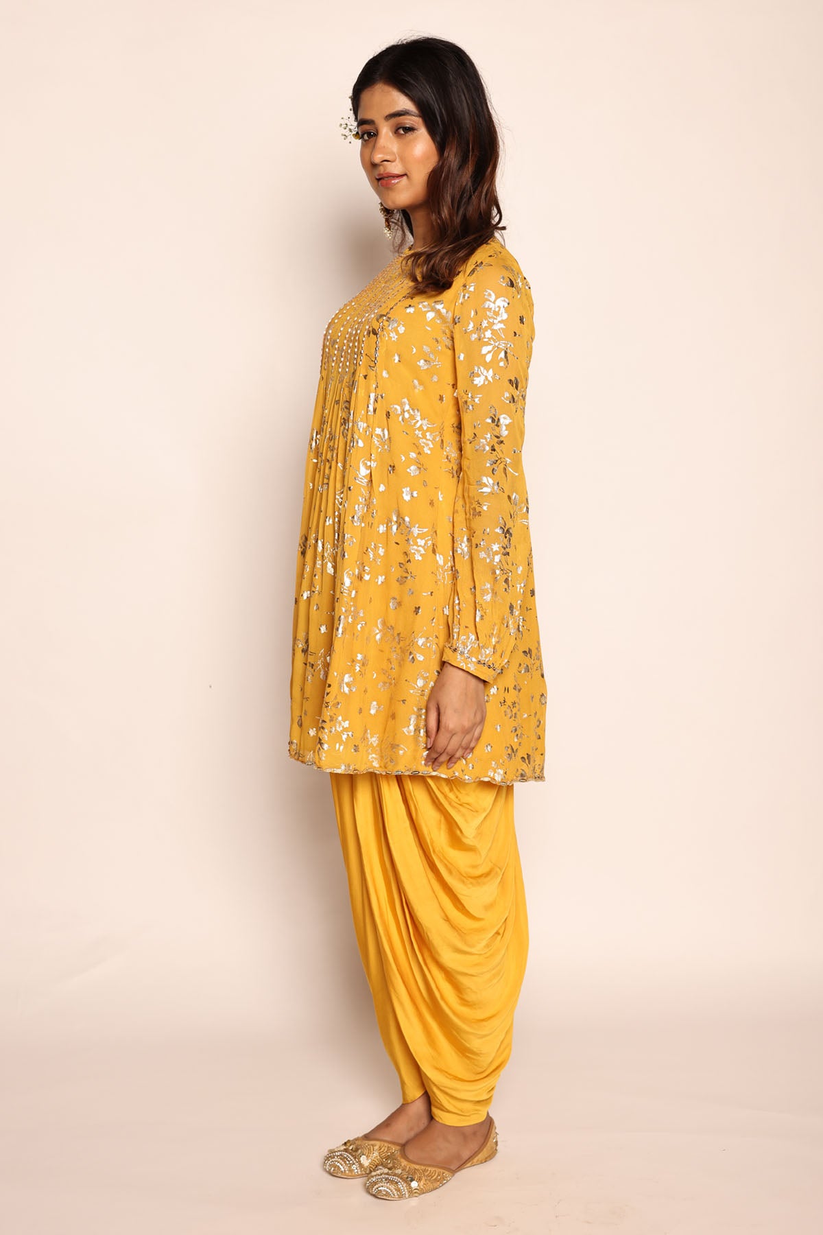 Mustard Foil Print Kurta & Dhoti