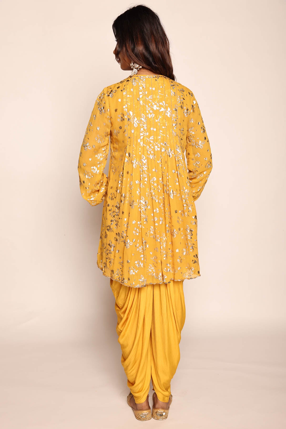 Mustard Foil Print Kurta & Dhoti