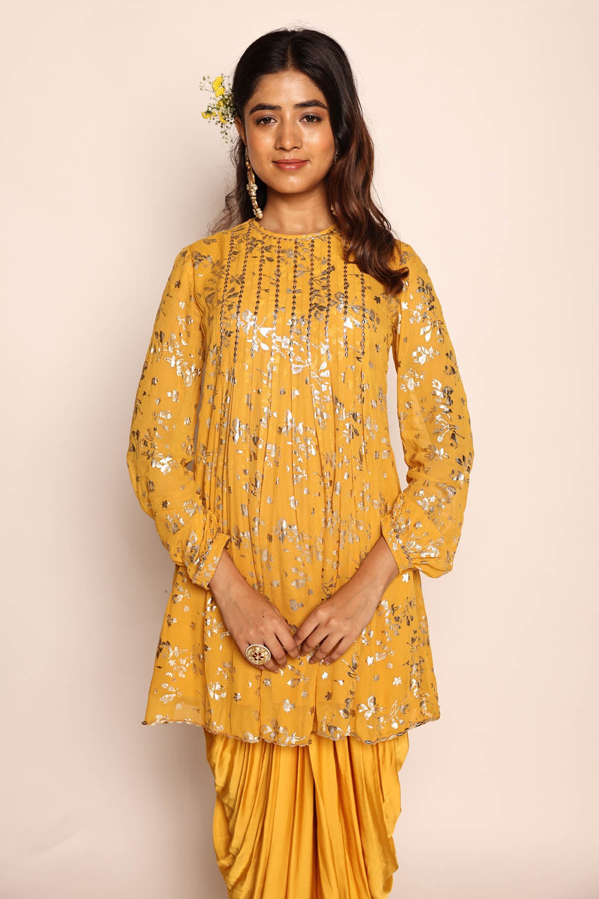 Mustard Foil Print Kurta & Dhoti