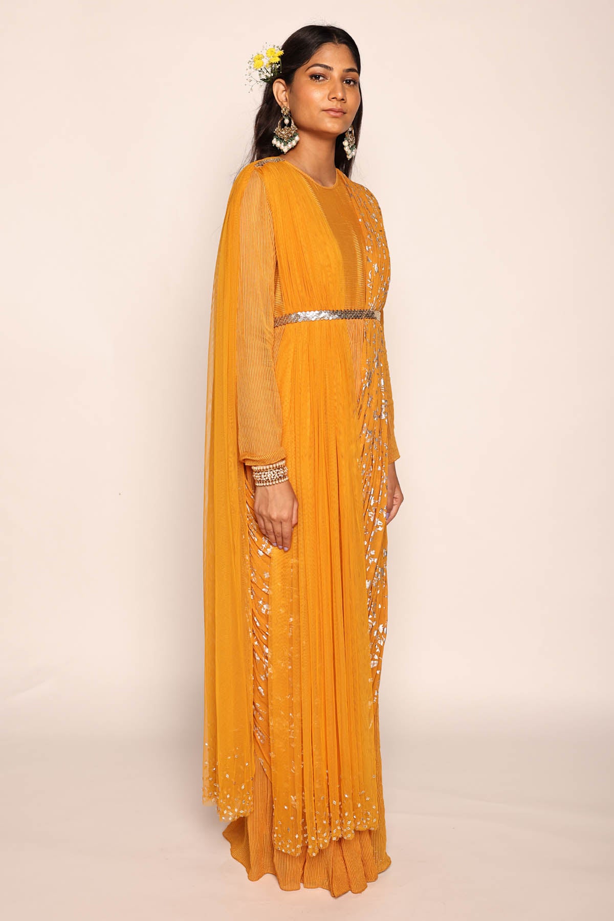 Mustard Foil Print Pre Drape Saree