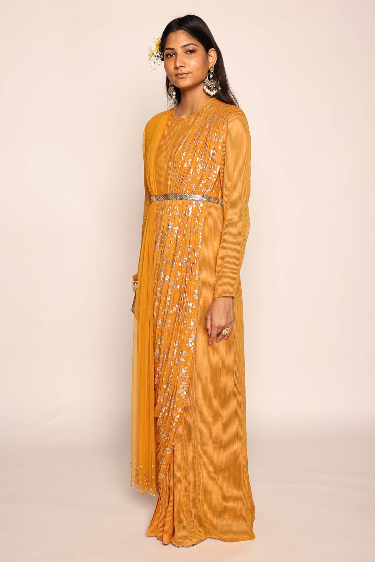 Mustard Foil Print Pre Drape Saree