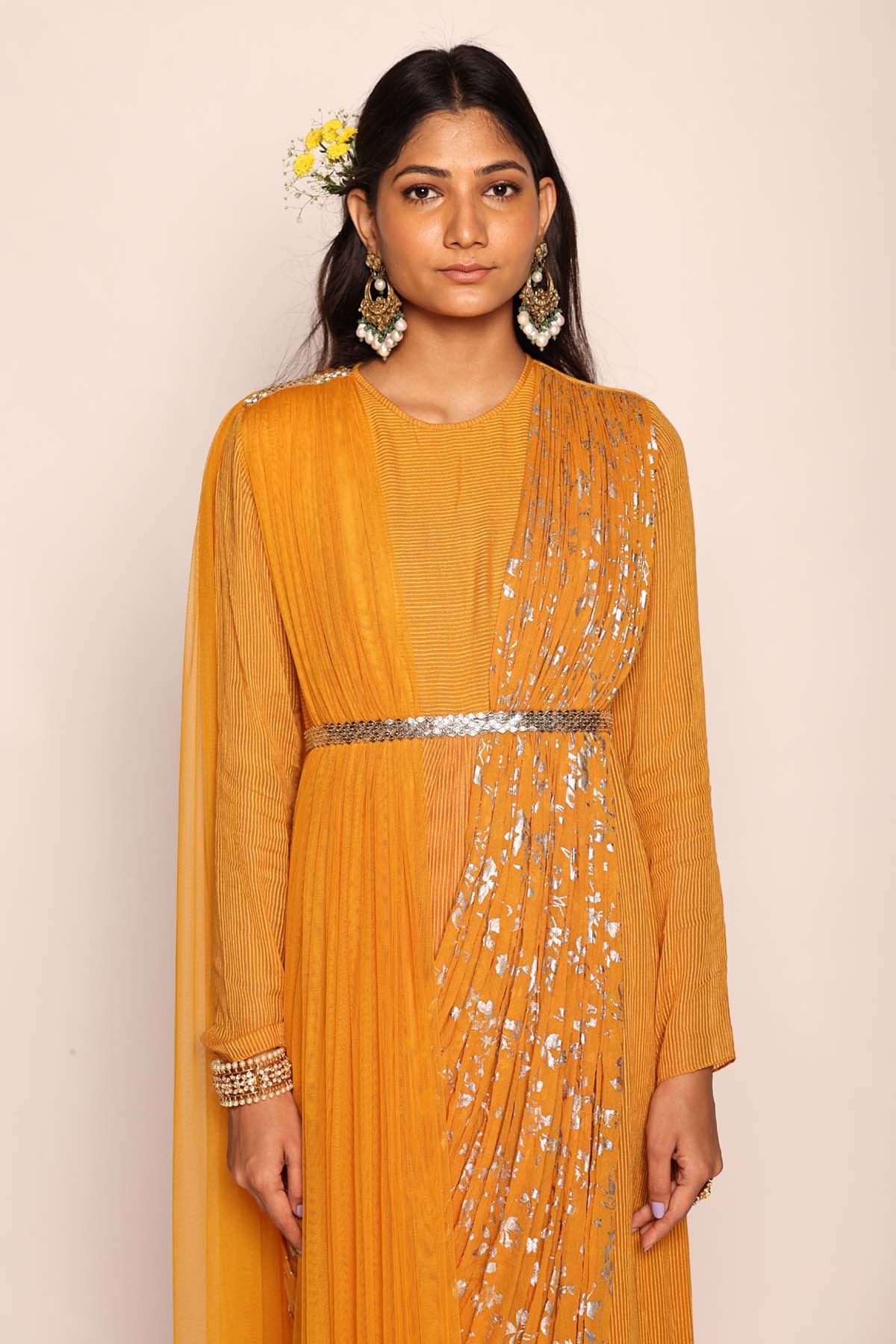 Mustard Foil Print Pre Drape Saree
