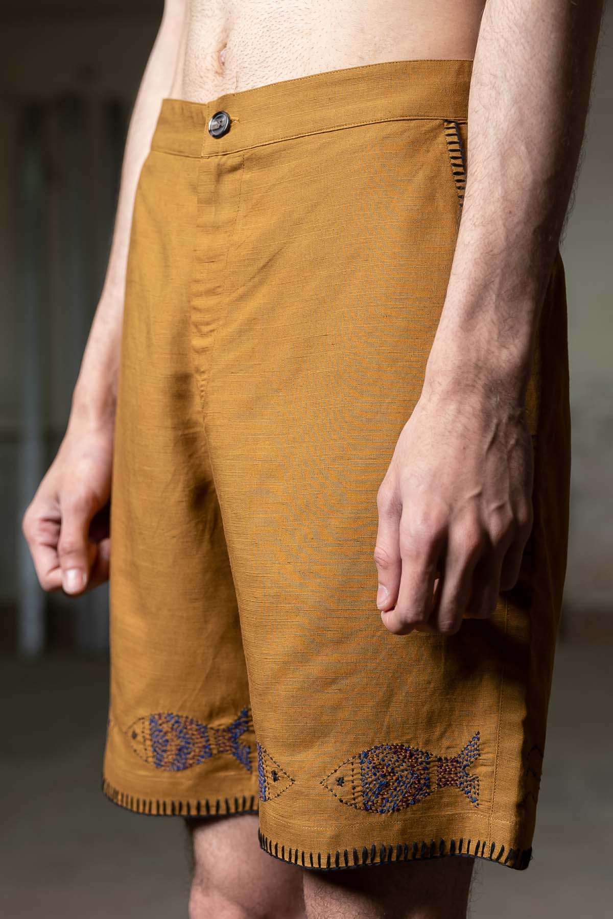 Mustard Linen Emb Shorts