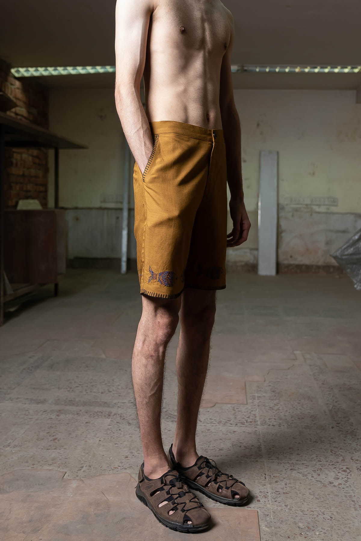 Mustard Linen Emb Shorts