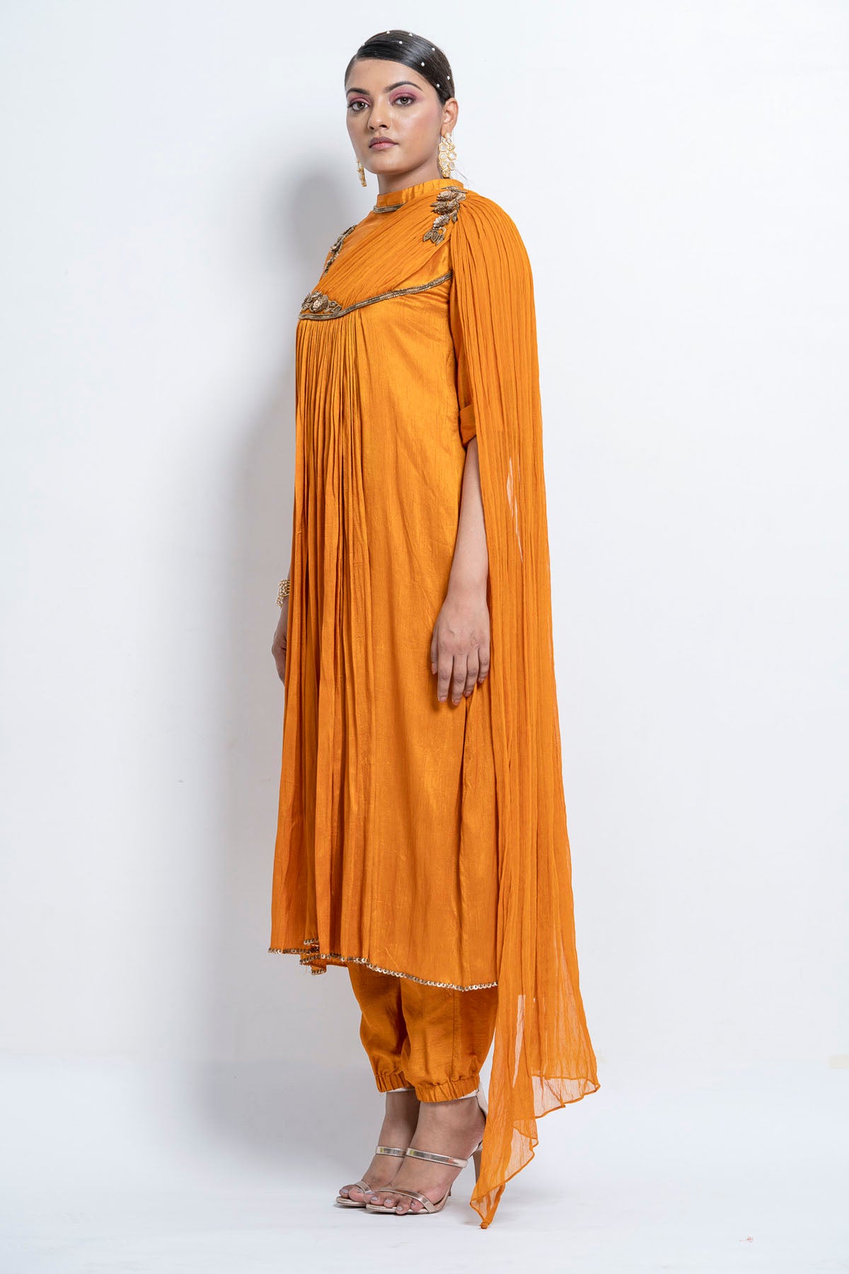 Mustard Sequins Flared Kurta Set