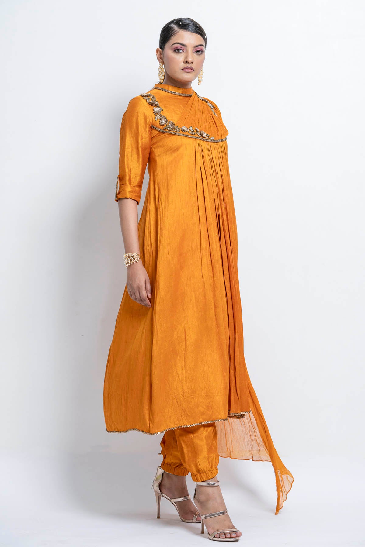 Mustard Sequins Flared Kurta Set