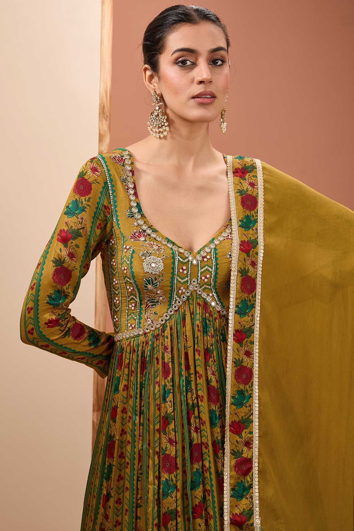 Mustard Printed Anarkali Set