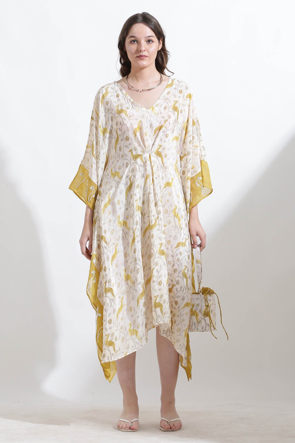Mustard Printed Crepe Kaftan