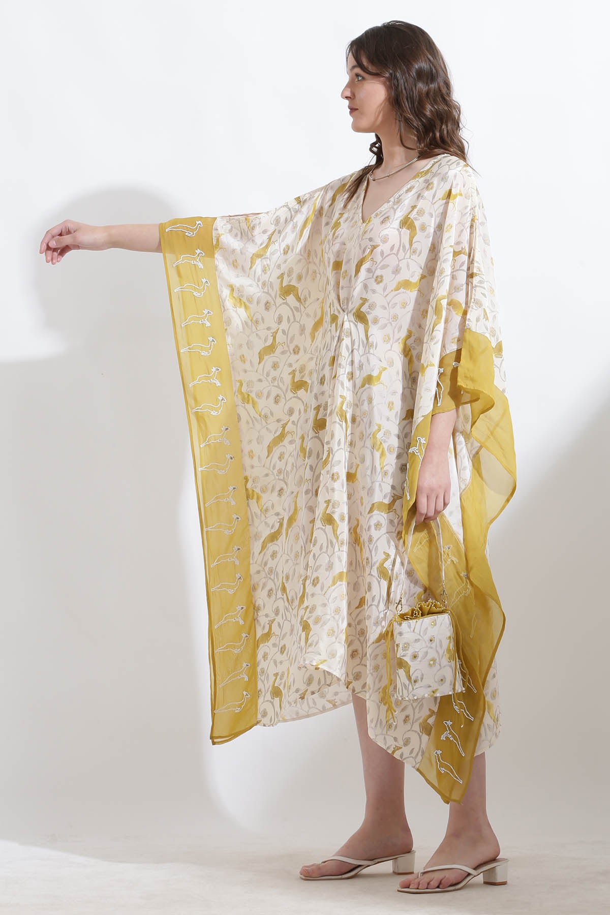 Mustard Printed Crepe Kaftan