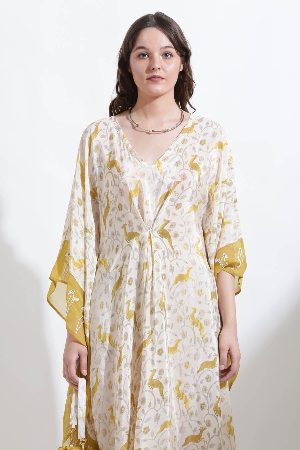 Mustard Printed Crepe Kaftan