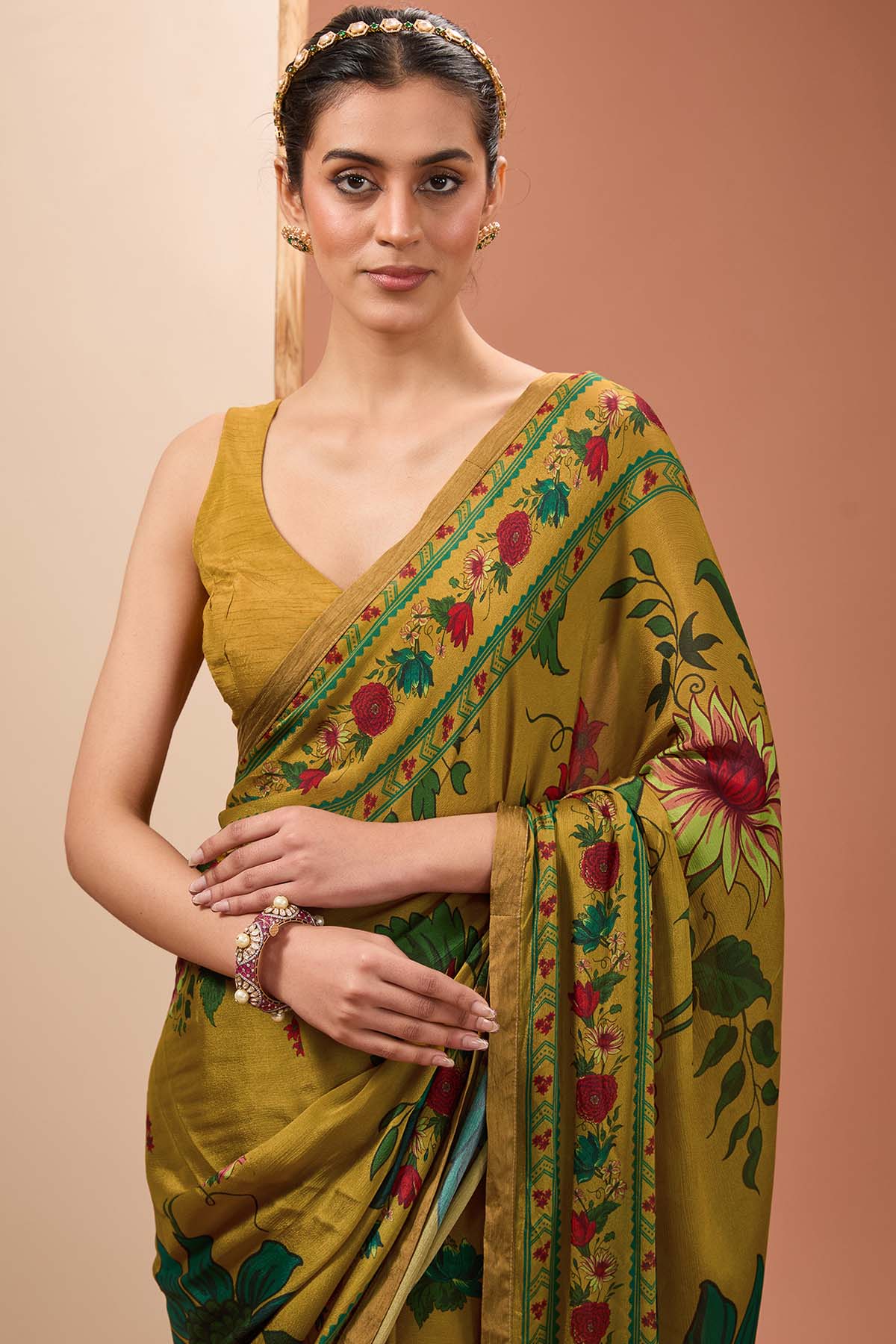 Mustard Printed Saree & Blouse