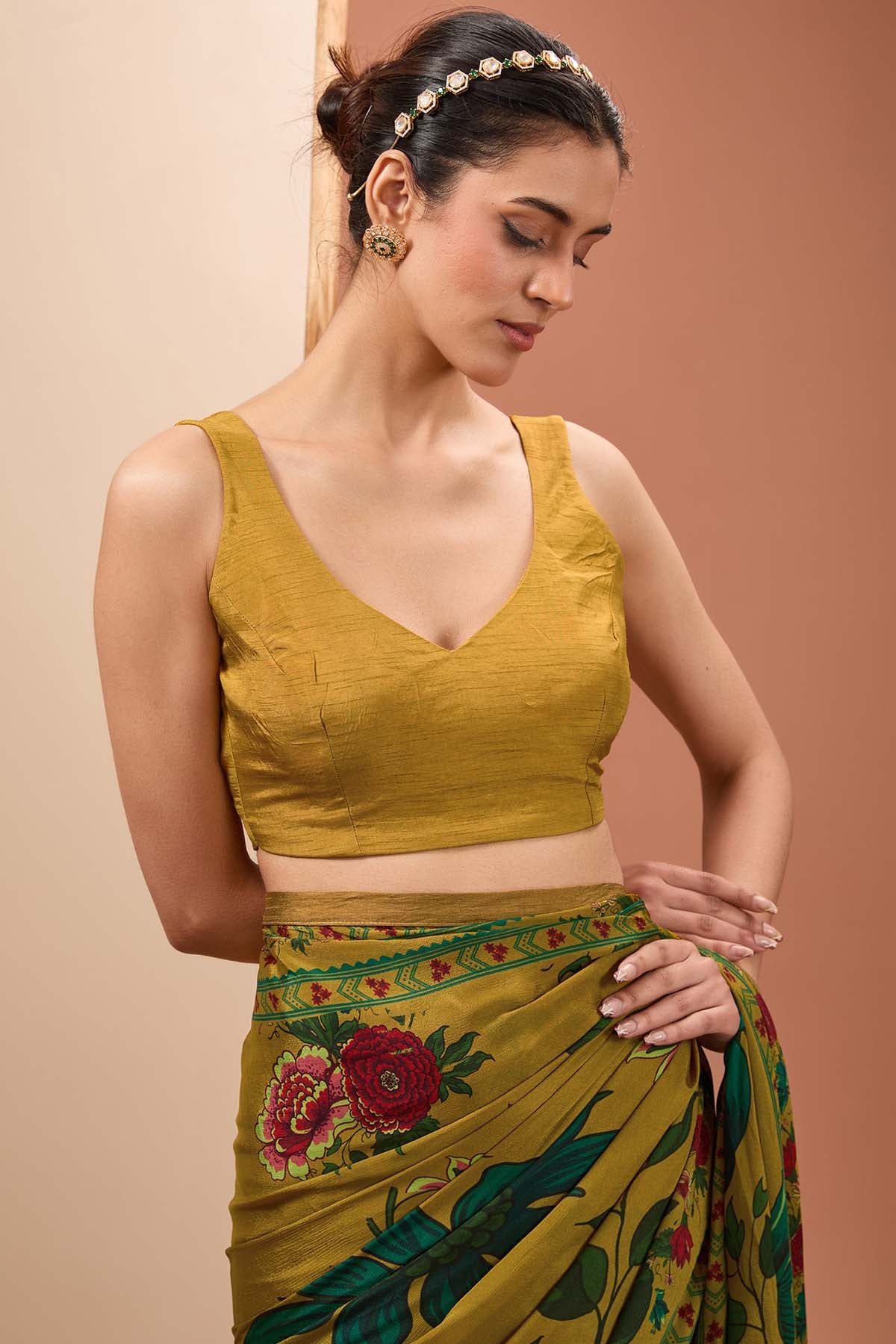 Mustard Printed Saree & Blouse