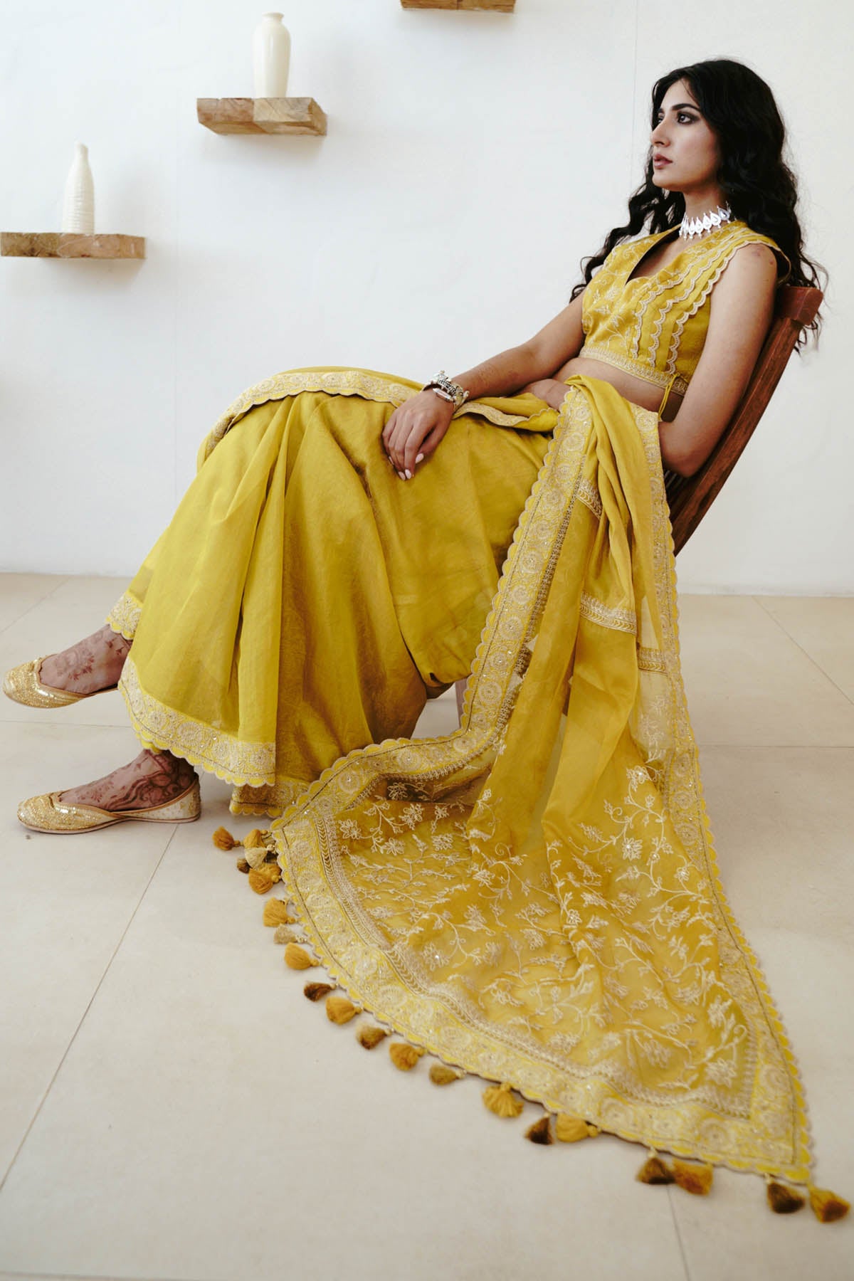 Mustard Tissue Embroidered Saree
