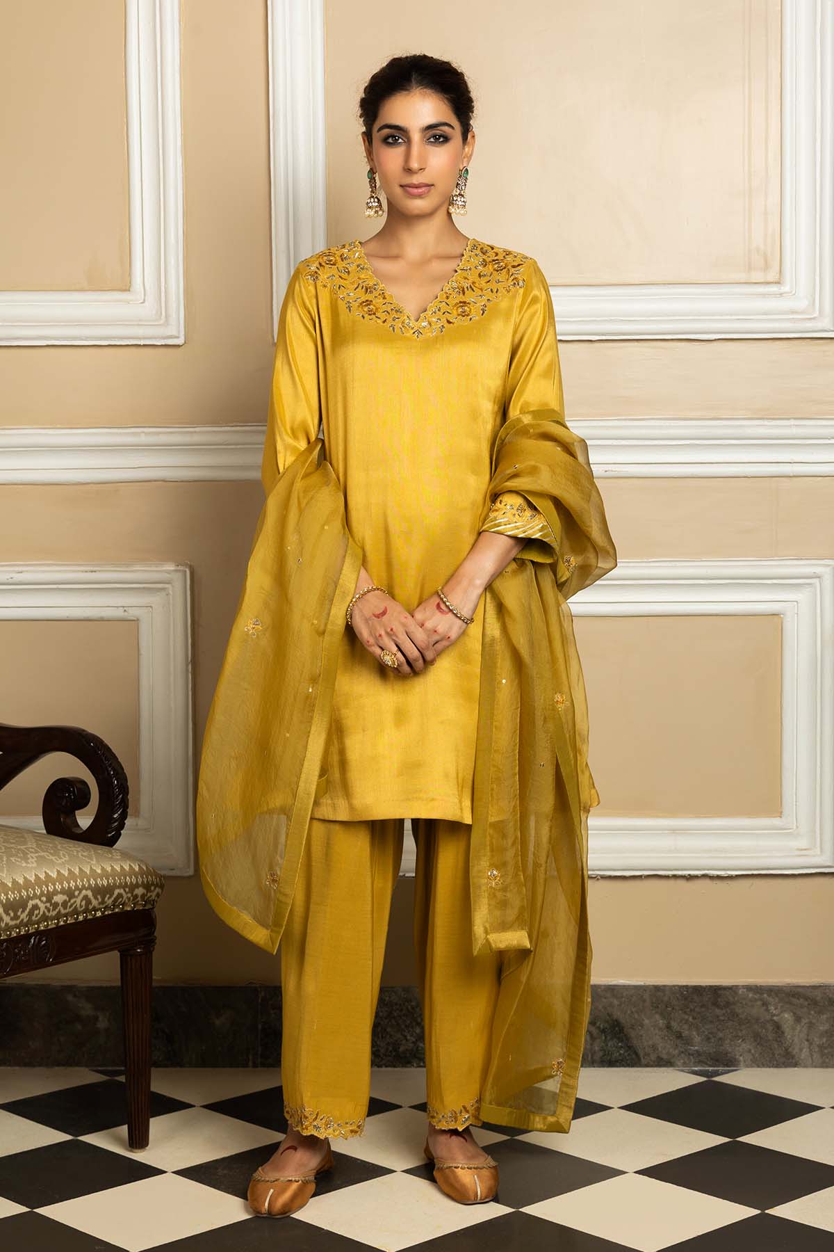 Buy Mustard A-Line Short Kurta Set by Dohr India for women online at ScrollnShops