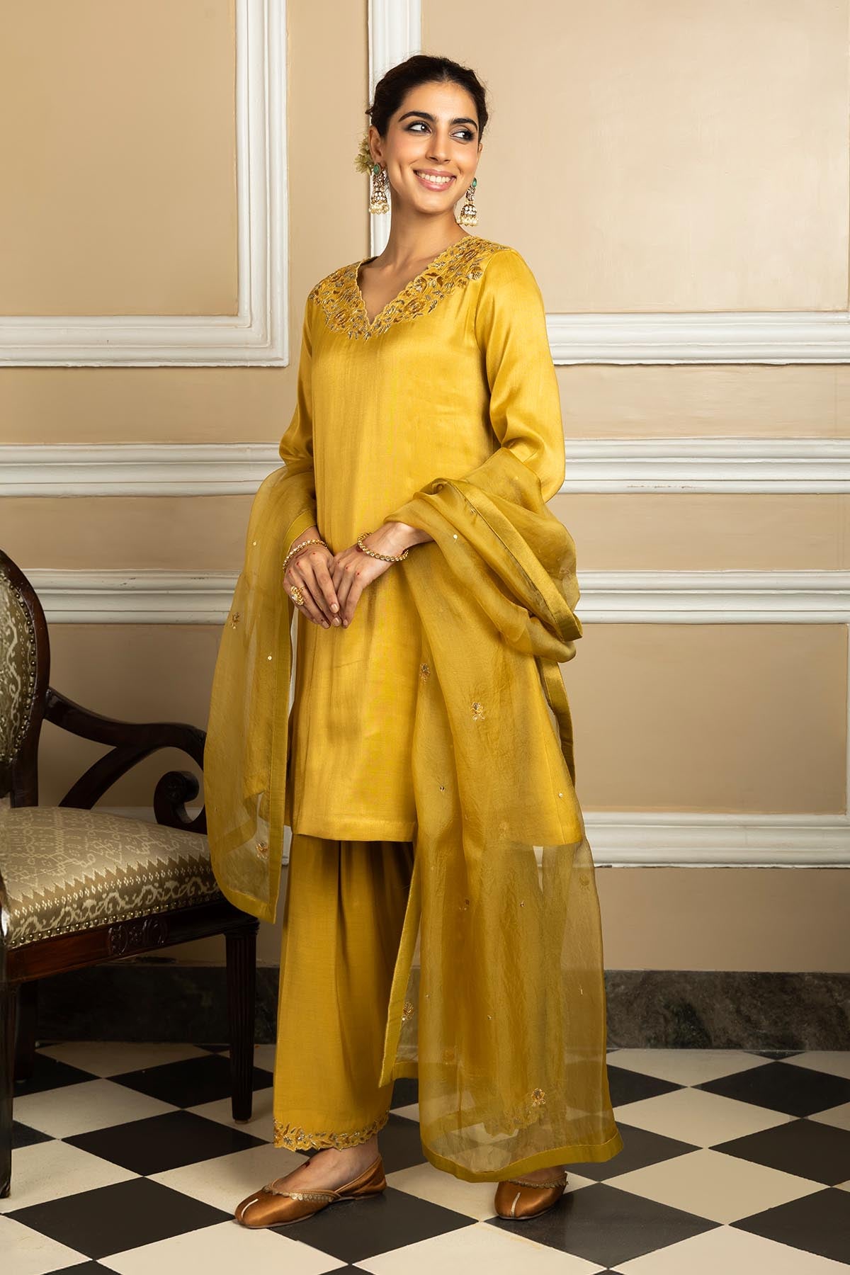 Mustard A-Line Short Kurta Set
