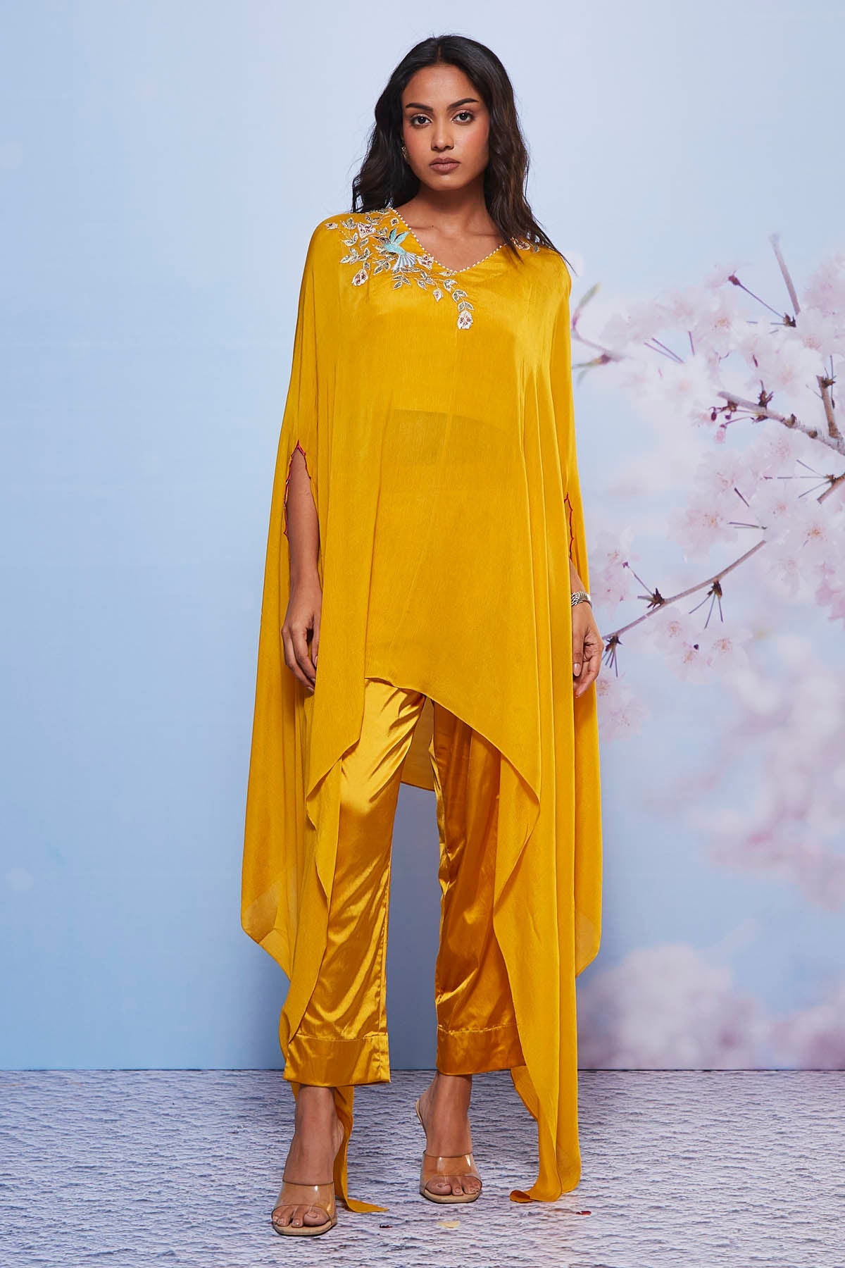 Buy Mustard Asymmetrical Cape Set Online