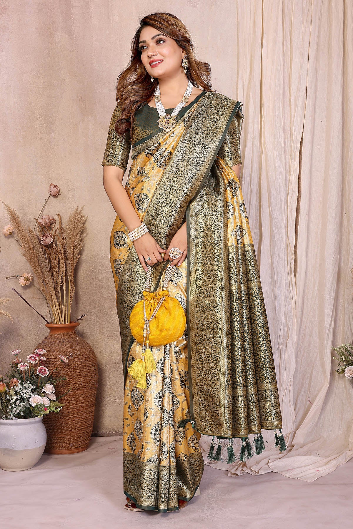 Mustard Banarasi Weaving Saree