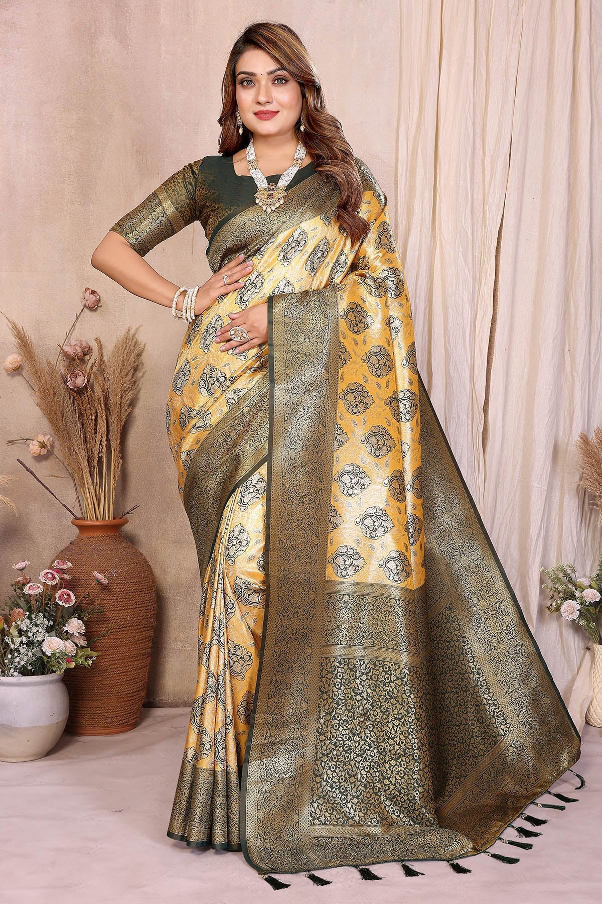 Buy Mustard Banarasi Weaving Saree for women by Aastha Fashion online available at scrollnshops