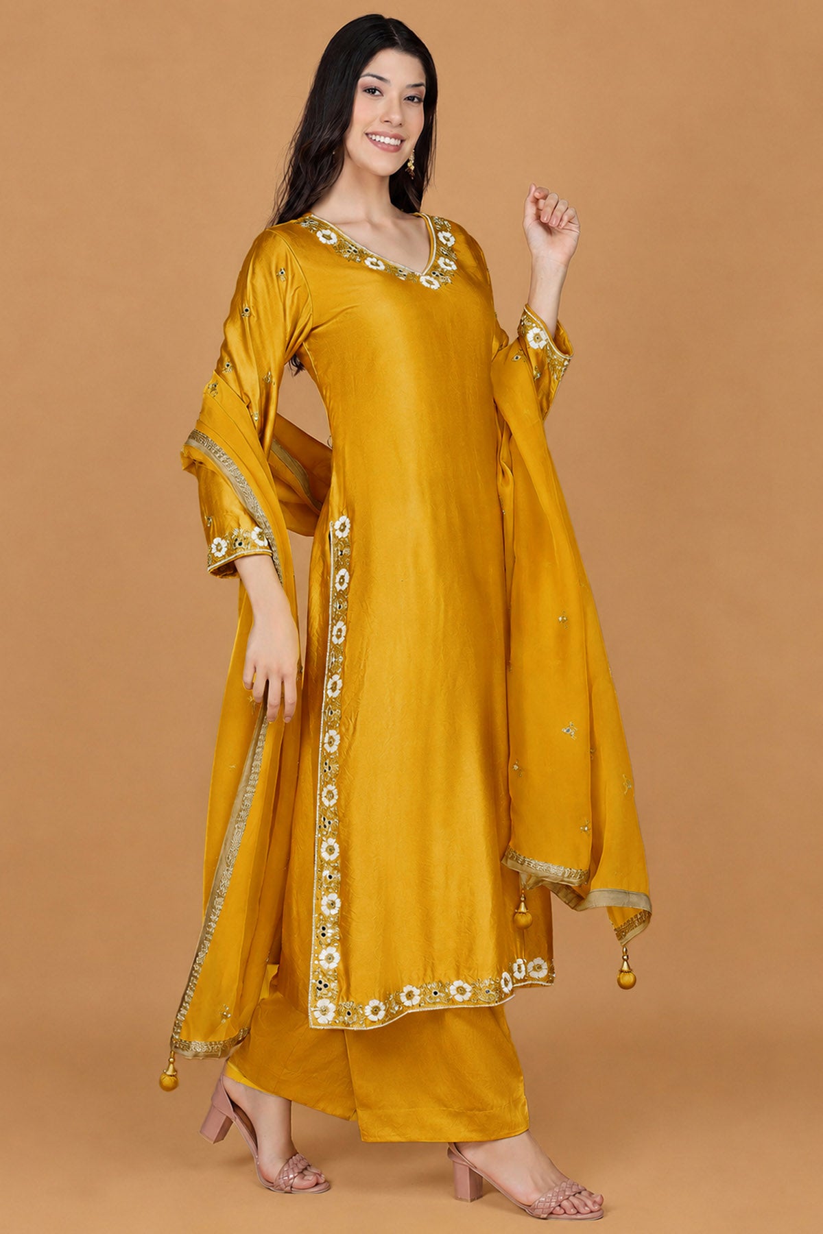Mustard Beads & Pearl Kurta Set
