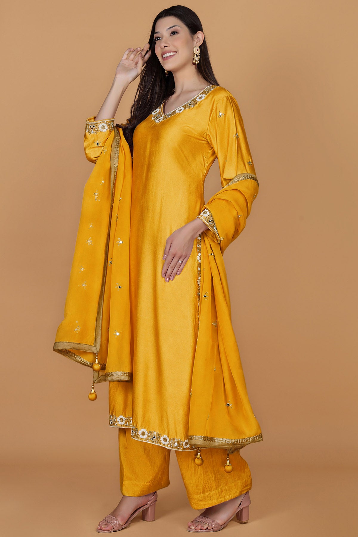Mustard Beads & Pearl Kurta Set