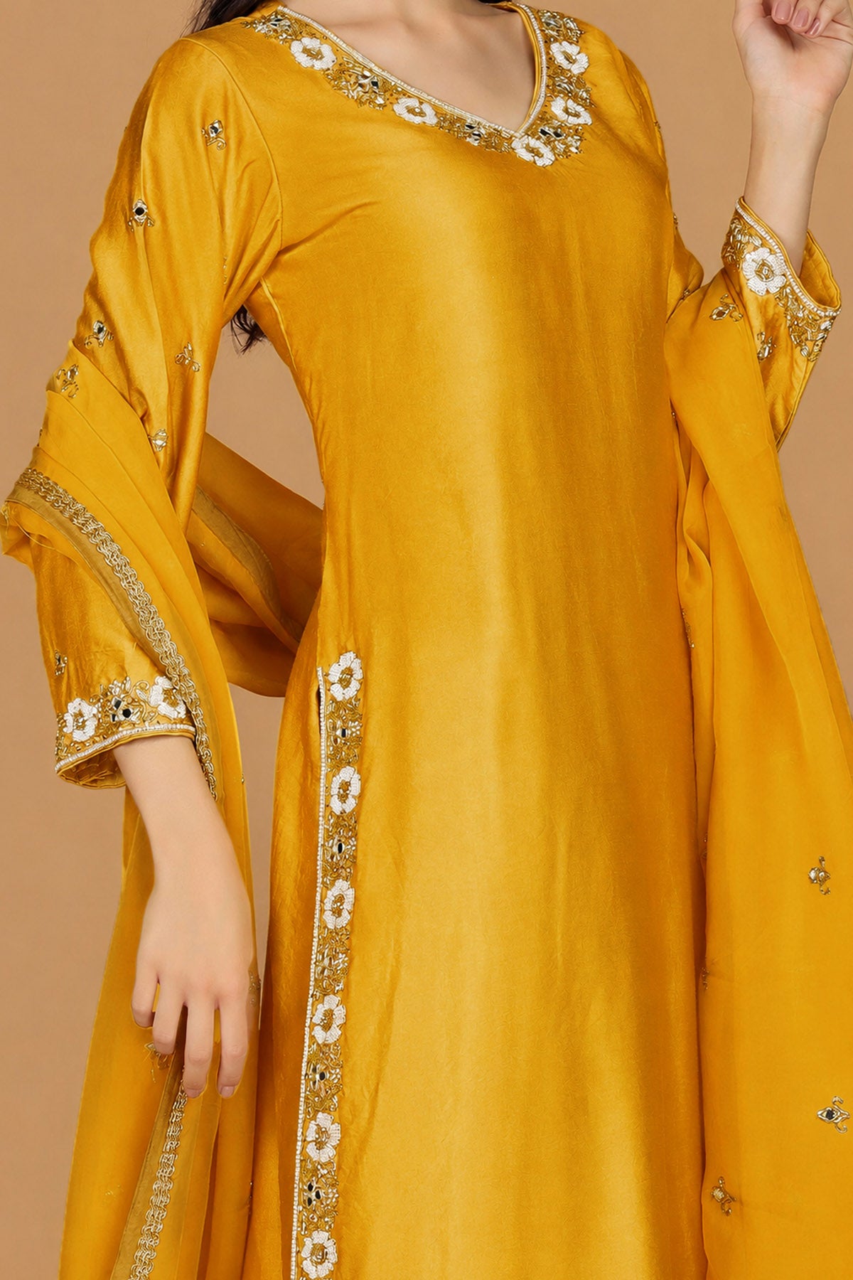Mustard Beads & Pearl Kurta Set
