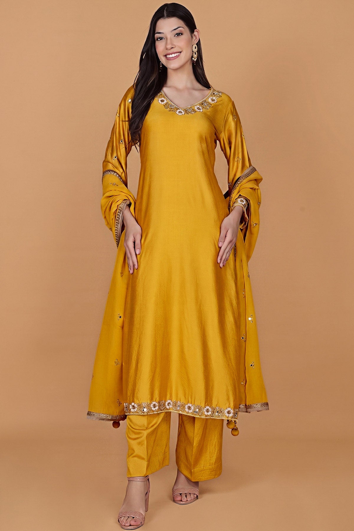 Buy Mustard Beads & Pearl Kurta Set for women by Milu Madan online available at scrollnshops