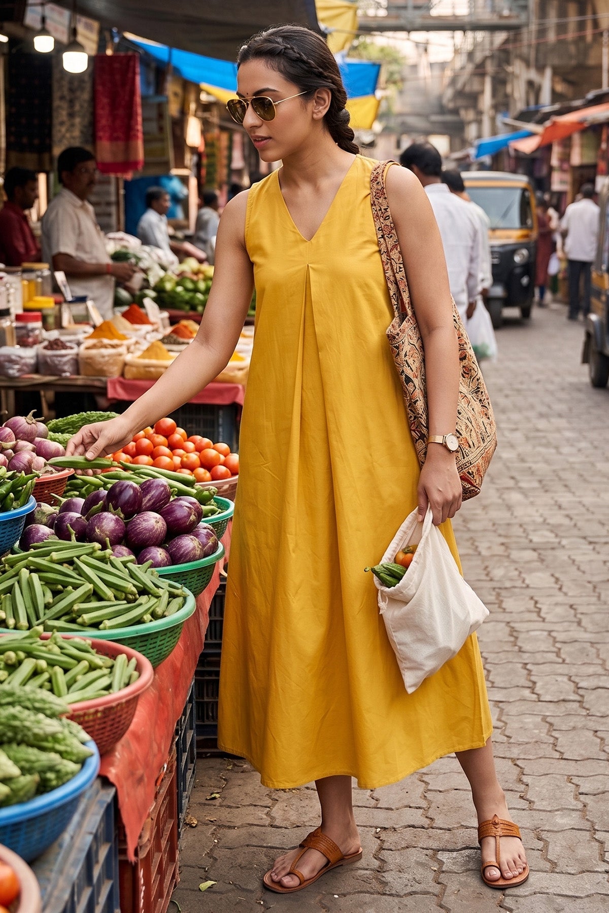 Buy Mustard Box Pleat Cotton Dress for women by Sneha B online available at scrollnshops