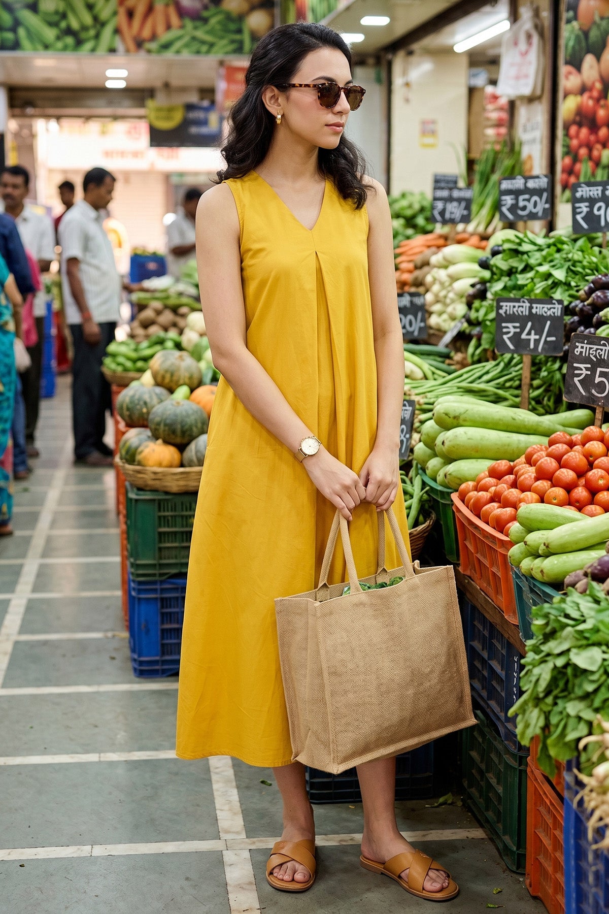 Box Pleat Mustard Cotton Dress