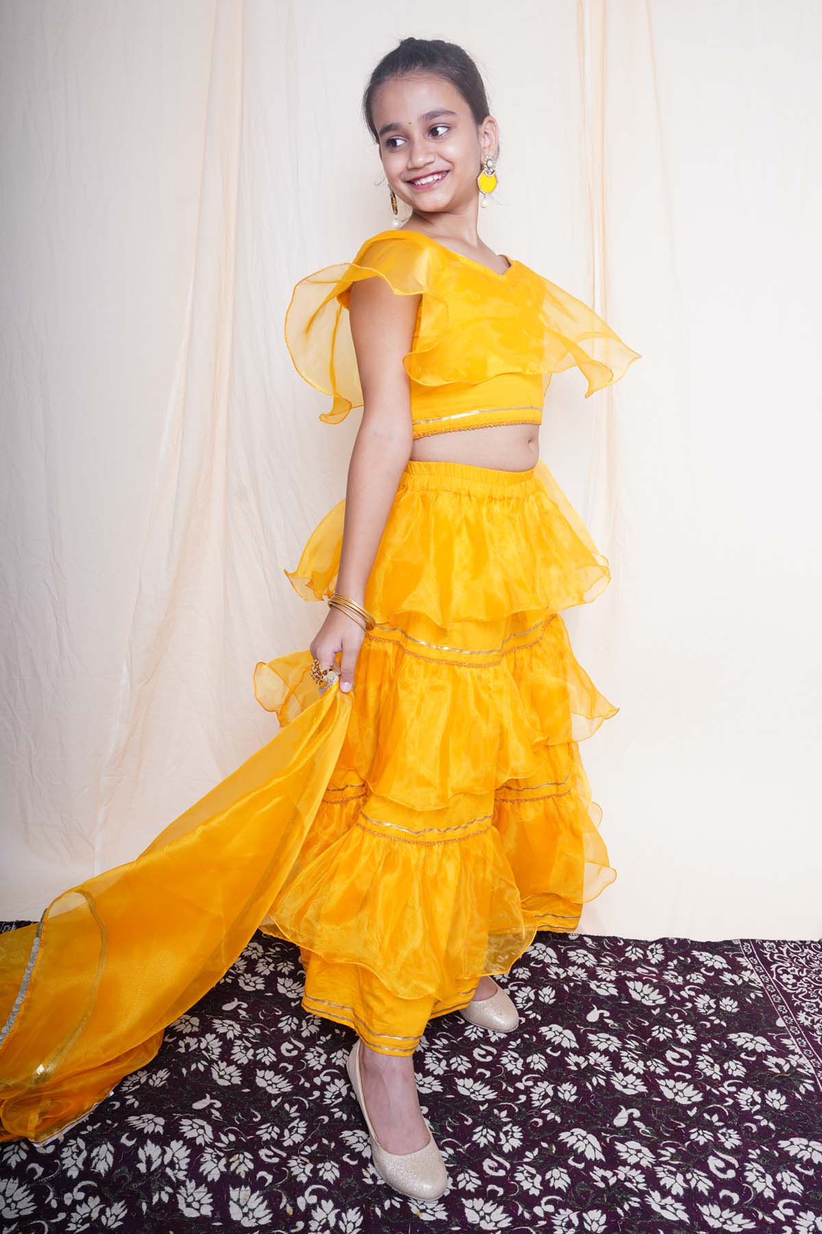 Mustard Cape Sleeves Lehenga Set