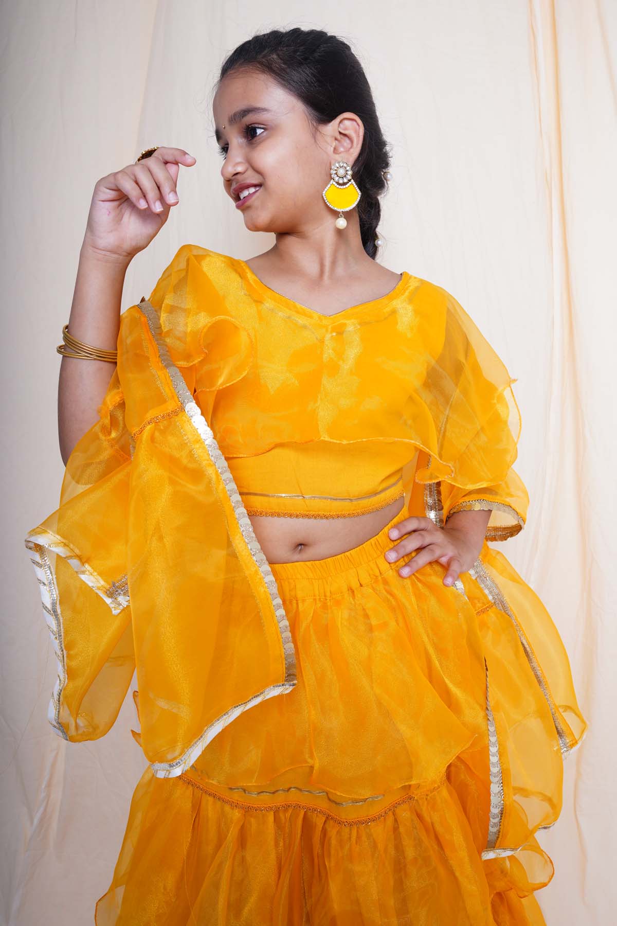 Mustard Cape Sleeves Lehenga Set