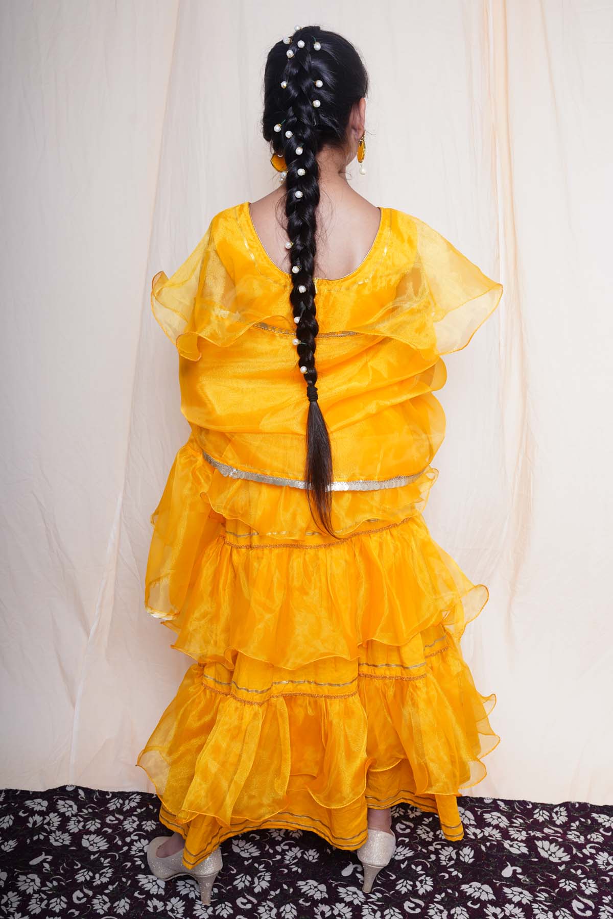 Mustard Cape Sleeves Lehenga Set