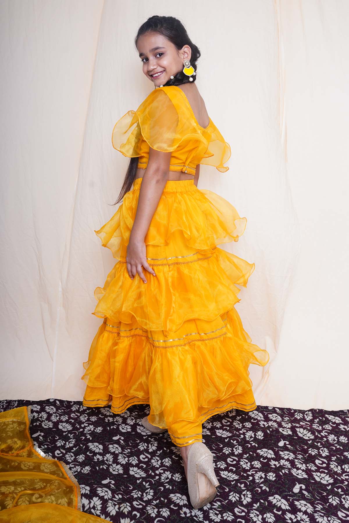 Mustard Cape Sleeves Lehenga Set