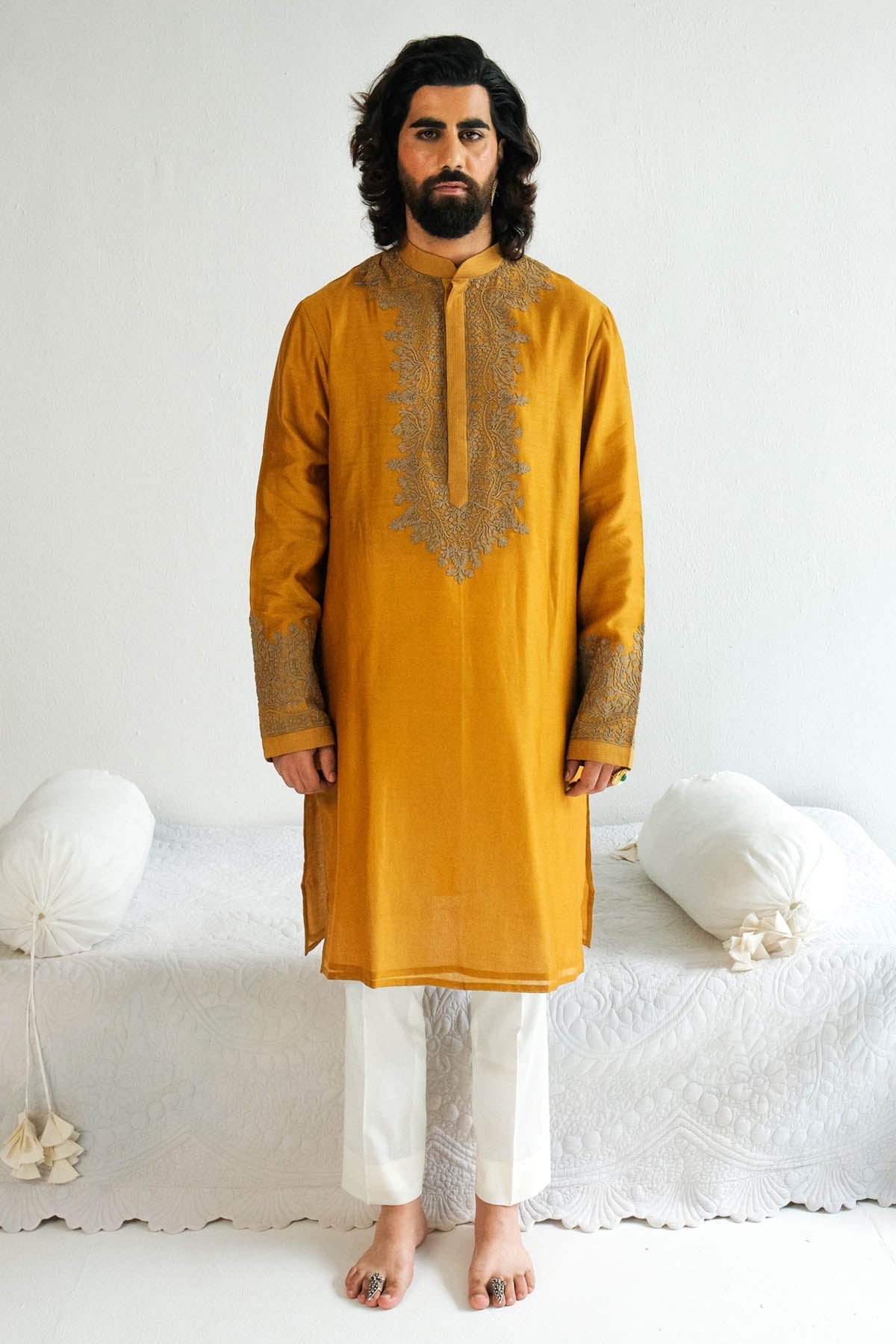 WABI SABI Mustard Chanderi Kurta & Pyjama for men online at ScrollnShops